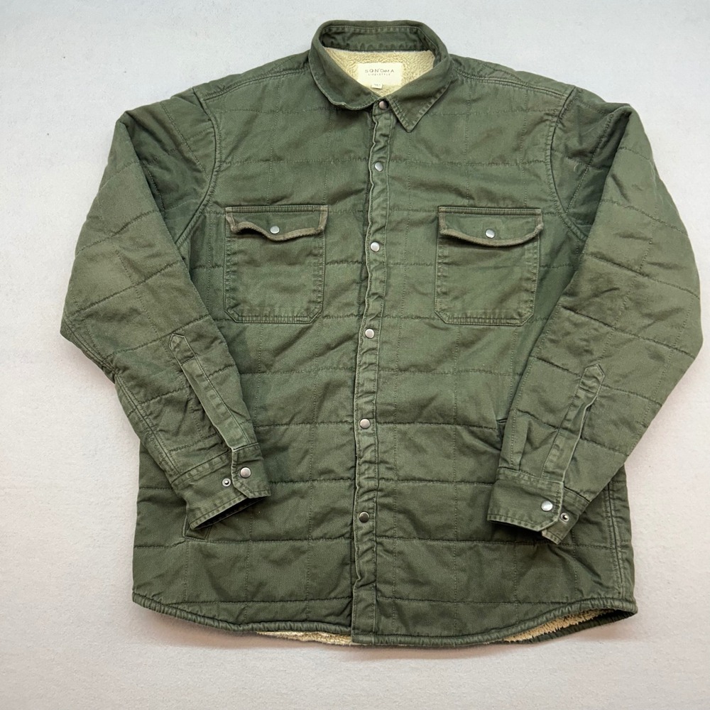 Sonoma Goods for Life Mens Large Green Quilted Sherpa Lined Shirt Jacket Shacket